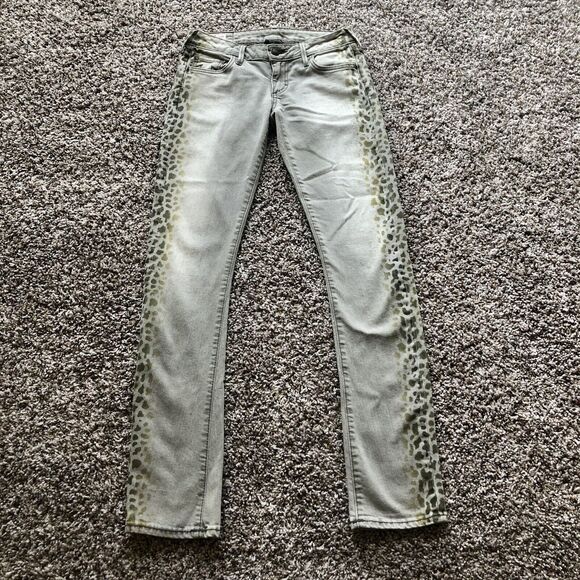 True Religion Jeans 26 Jude Sand Drifter Gray Leopard Print Skinny Low Rise - Picture 2 of 14